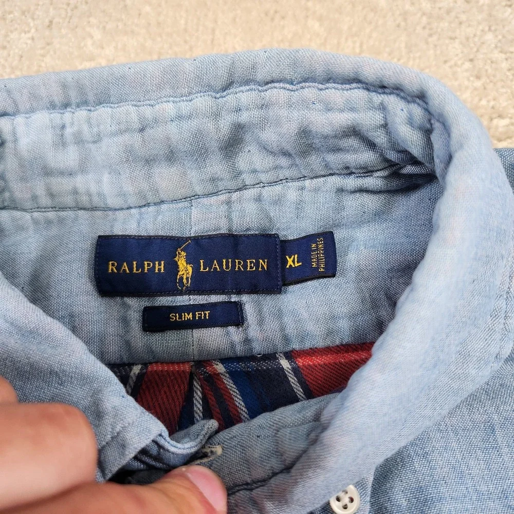 Polo Ralph Lauren Denim Shirt Men XL Slim Fit Double Face Flannel Lined Blue